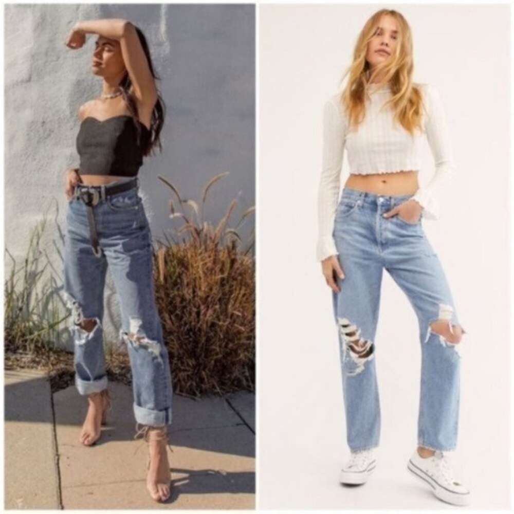 Agolde 90s Mid Rise Loose Fit Straight Distressed‎ Blown Out Knee Jeans Sz 25 - Picture 16 of 16